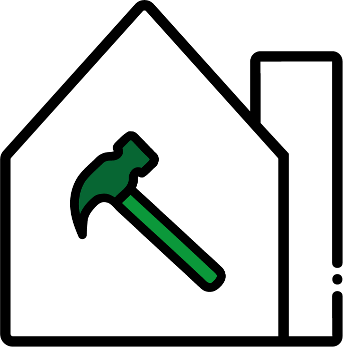 A graphic of a hammer inside the outline of a house.
